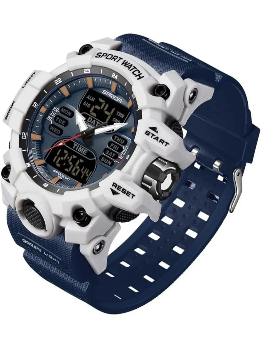 Men's Dark Blue White Analog Quartz S-Shock Waterproof Sports LED Digital Watch